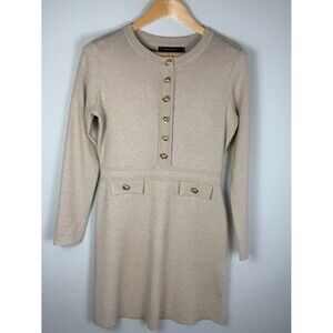 MEROKEETY Small Beige Knit Sweater Dress Gold Button Fit Flare Preppy Soft Girl